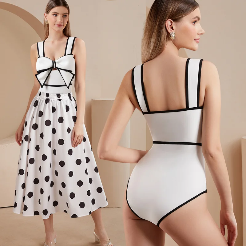 2024 Black White Retro One Piece Swimsuit Women Bow Tie Swimwear with Skirt Sexy Bathing Suit Monokini Beach Bodysuit Beach Wear