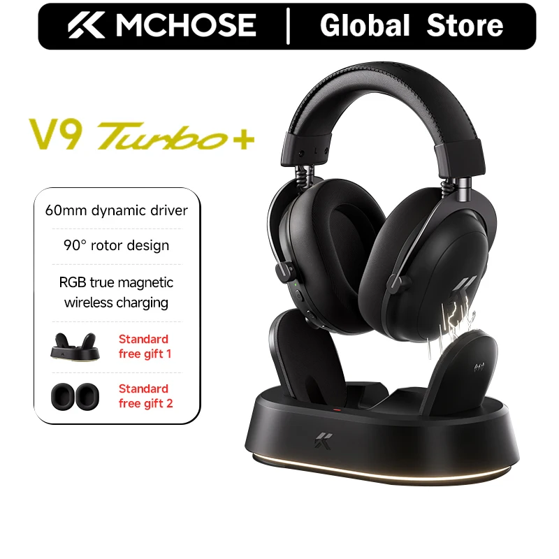 Fone de Ouvido Gamer Sem Fio MCHOSE V9 Turbo + com Som Surround 7.1 de 60mm, Fones de Ouvido Profissionais para Esports com Base de Carregamento RGB