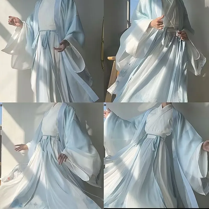 الذكور طالب Hanfu الأزرق والأبيض الصباغة 3 قطعة مجموعات زي الهالوين التأثيري الصينية التقليدية حفلة الزي حجم كبير للرجال