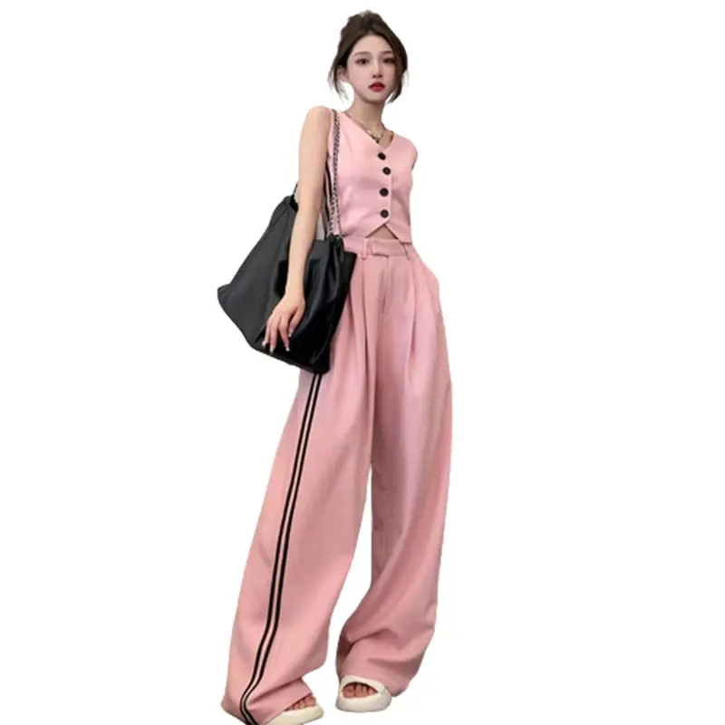 Casual Fashion Sports Set Women's Summer Street Explosion Age Reducing Western Style Sleeveless Wide Leg Pants Two Piece Set