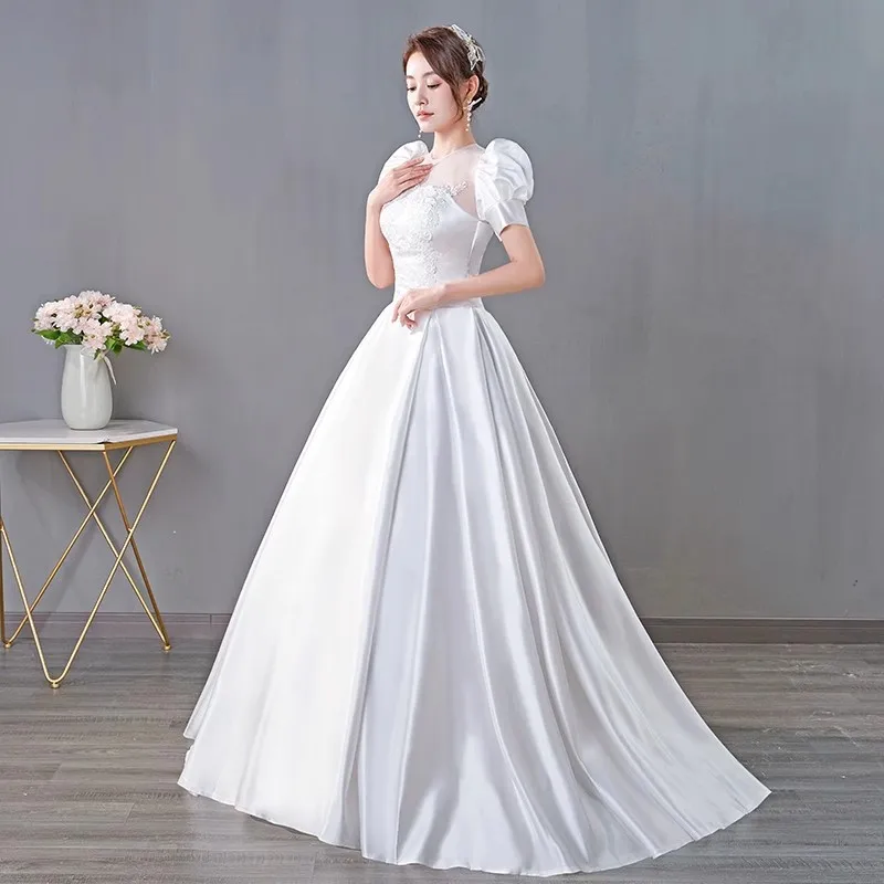 

It's Yiiya Wedding Dresses White Satin O-neck Short Puffy Sleeves Floor-length Princess Lace up Plus size Bride Ball Gown XN156