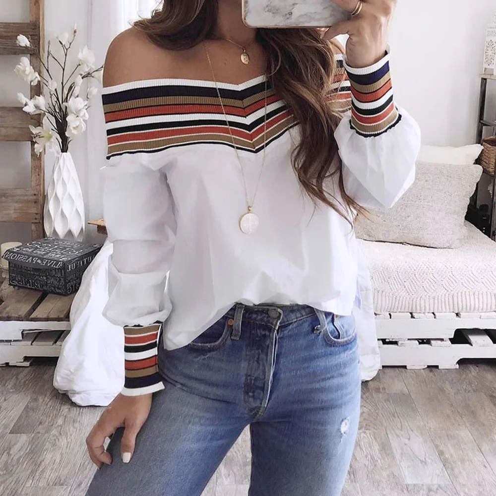 Women's Spring Casual Colorful Long Sleeve Off Shoulder Top Off Shoulder Print Knit Splicing Top Shirt  -CH34