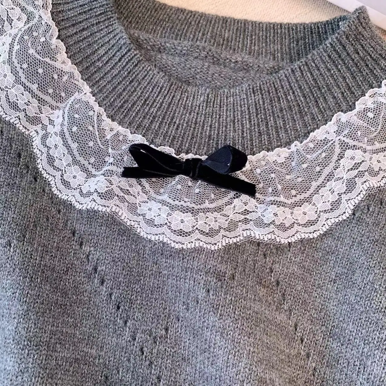 Grey Korean Style Sweater Pullovers Women Knitted Tops Short Sleeve Lace Bow O-neck Knitwear 2024 Summer Elegant Fashion Jumpers