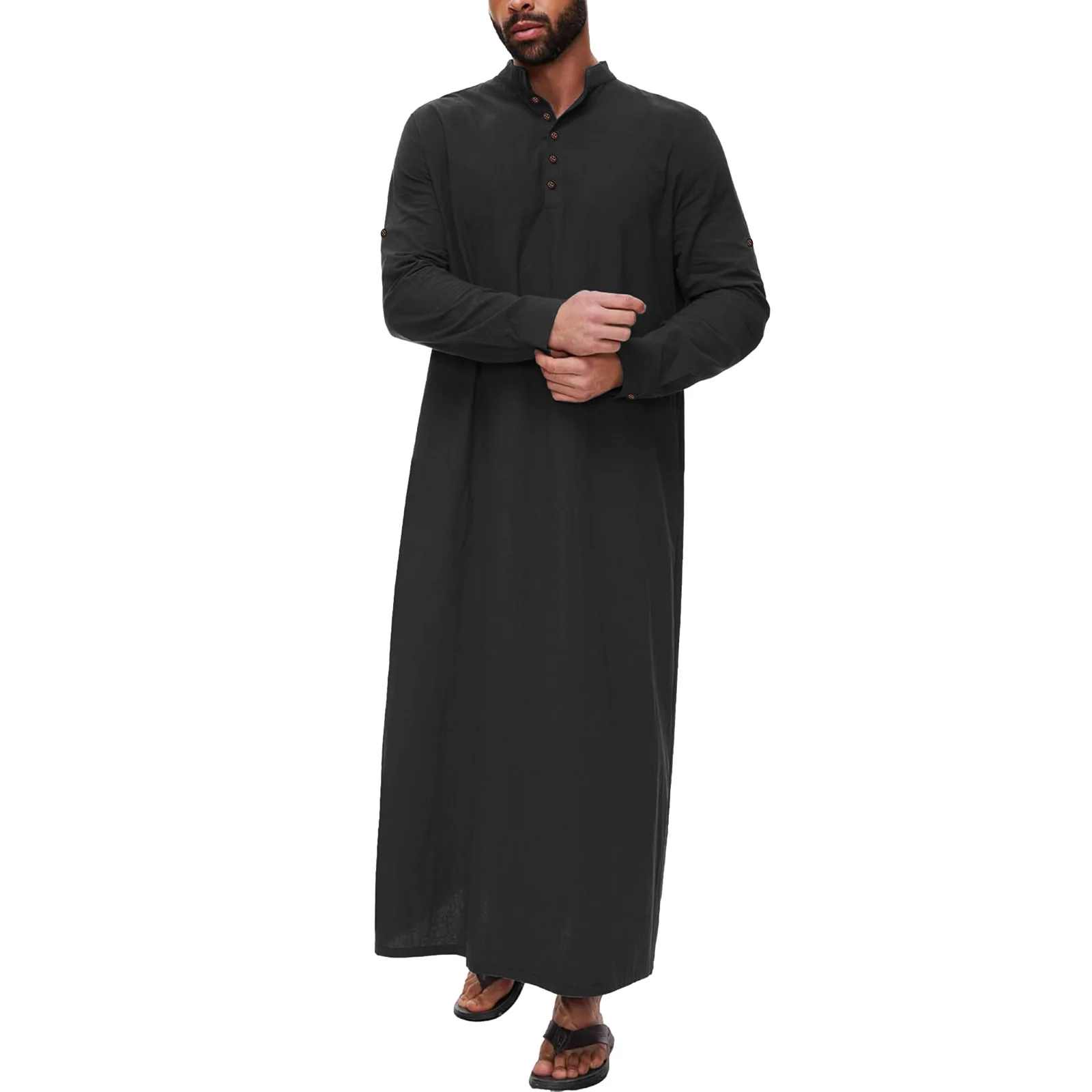 2024 Muslim Thobe for Men Kaftan with Pockets Button Down Long Gown Men's Arab Thobe Long Sleeve  Islamic Clothing