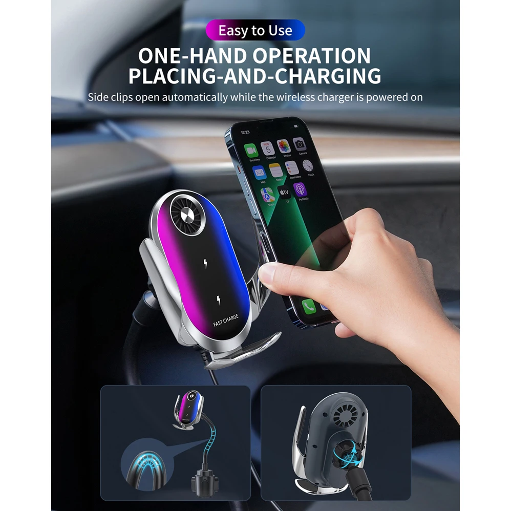 Auto Clamping Wireless Car Charger Cup Holder Phone Mount for Z Flip 4 3 2 iPhone 14 13 12 11 Pro Max for Tesla Qi Fast Charging