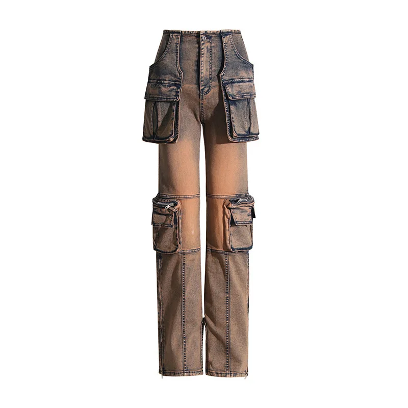 Denim Pocket Jean Tie Dye High Waist Pants Y2K Streetwear 2024 Women Fall Winter Fashion Clothes Cargo Pencil Pant Trousers