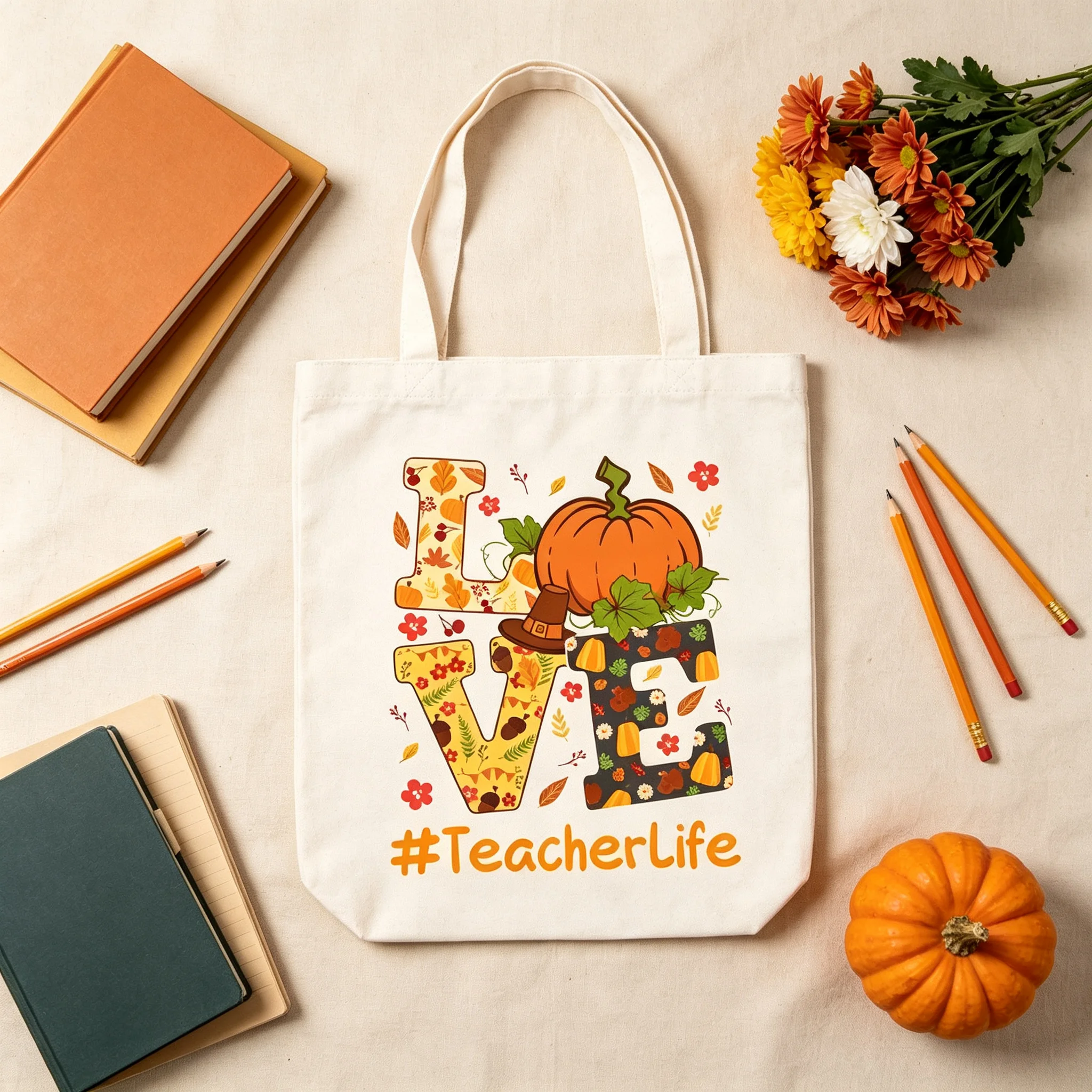 Teacher Appreciation Gift Canvas Tote Bag Fall LOVE Pumpkin Print Teacher Life Thanksgiving Reusable Shopping Bag for Women