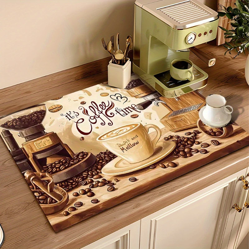 VIKAMA Kitchen Drain Mat Black Retro Coffee Bean Cup Latte Print Dish Drying Mat Water Absorbent Quick Dry Anti Slip Soft