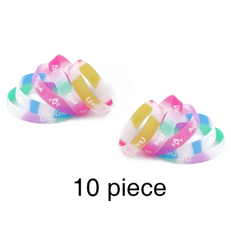 FLOLA 10pcs Luminous Heart Silicone Bracelets Candy Color Love Letter Sport Rubber Wristband Bracelet Bangle Jewelry brtc40