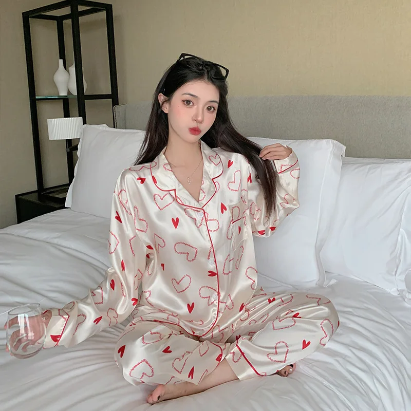 Women\'s Pajamas Sets Spring Autumn 2 Piece Print Heart Pyjama Faux Silk Satin Sleepwear Long Sleeve Pijama Mujer Pjs Homewear