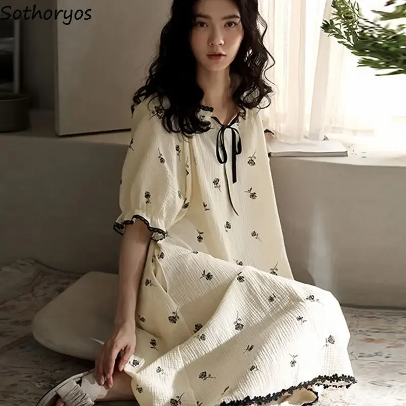 

Summer Nightgowns Women Baggy Floral Sweet Home Students Aesthetic Sleepwear Ulzzang Tender Short Sleeve Casual Lounge All-match