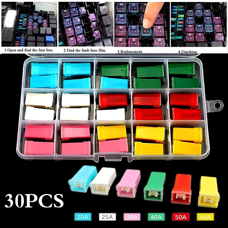 

30PCS PAL Square Fuses 20A-60A - Long Foot Plug-in Automotive Fuses with Waterproof Sockets, Blade Fuse Box Replacement Kit
