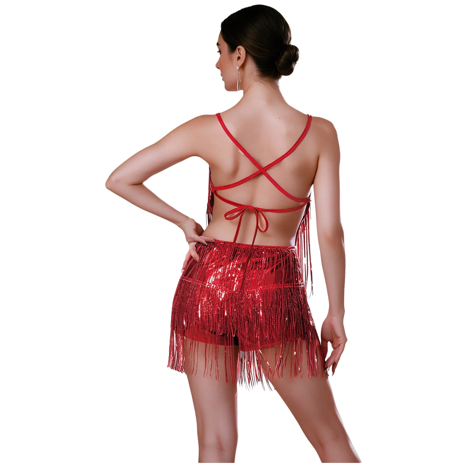 Damen-Pailletten-Fransen-Latin-Tanz-Jumpsuit, 1920er-Jahre-Flapper-Kleid, rückenfreier Body mit Schnürung und Fransen, Metallic-Bodysuit, Bühnenkostüm – Detail 10