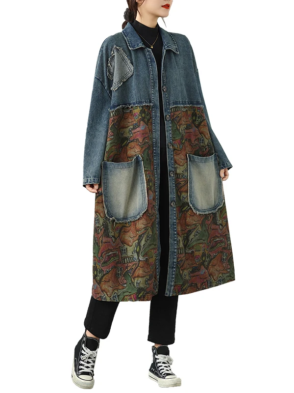 루즈 슬리밍 라지 사이즈 프린트 패치워크 싱글 버튼 미디엄 길이 데님 스타일 코트 가을 신상 여성 패션