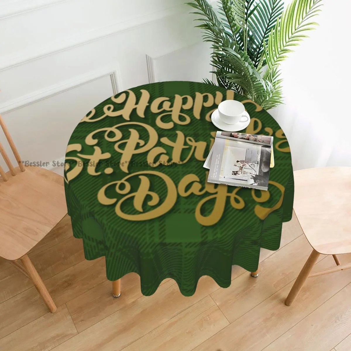 Saint Patricks Day With Golden Calligraphic Round Table Cloth Polyester Kitchen Tablecloth Decorative Elegant Fabric Table Cover