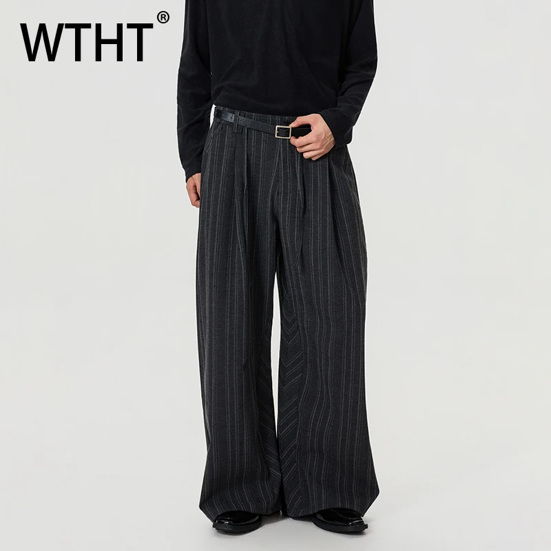 

WTHT Fashion 2025 Autumn Men's Striped Pleated Loose Pants Trendy Japanese-style Straight Wide Leg Trousers Male 2A2380