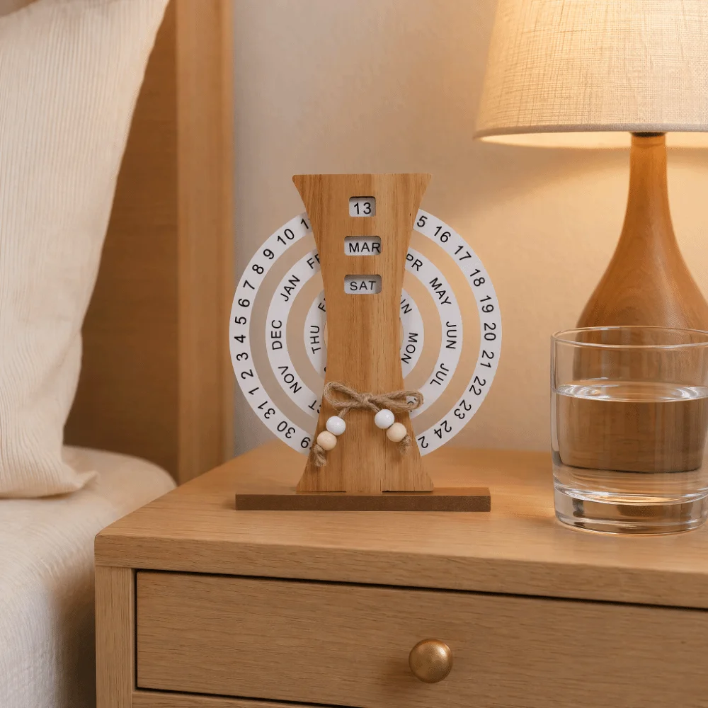 Wooden Rotatable Wooden Perpetual Desk Calendar Three Layered Rotatable Manual Twist Date Month Weekday Table Ornament