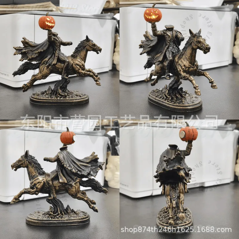 Lighted Headless Horseman Statue, Pumpkin Horse Halloween Decor  | Spooky Gothic Fantasy Figurine for Halloween Home Decor view 3