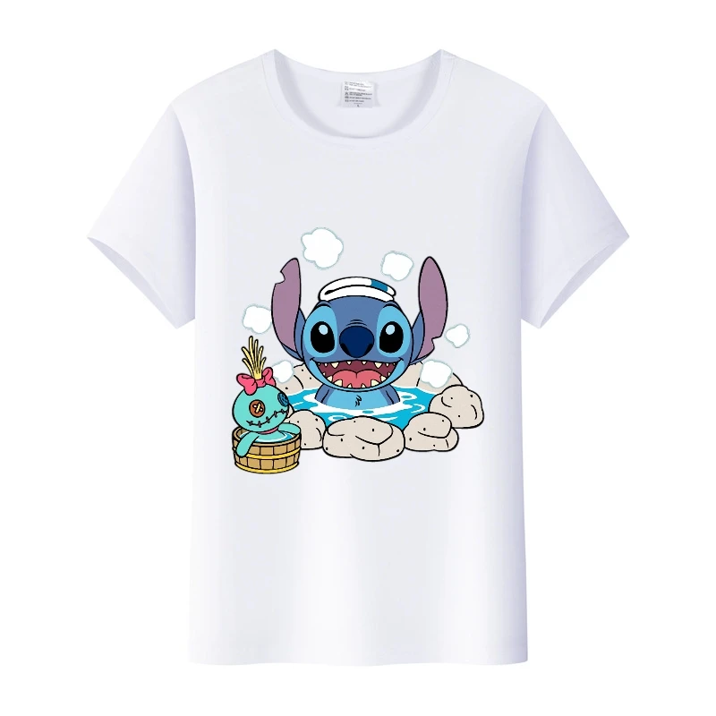 Spoof Disney Cartoon Blouse Lilo Stitch Anger Graphic Tops Woman Clothing Summer Loose Oversized T-shirts White Shirt Child Tees