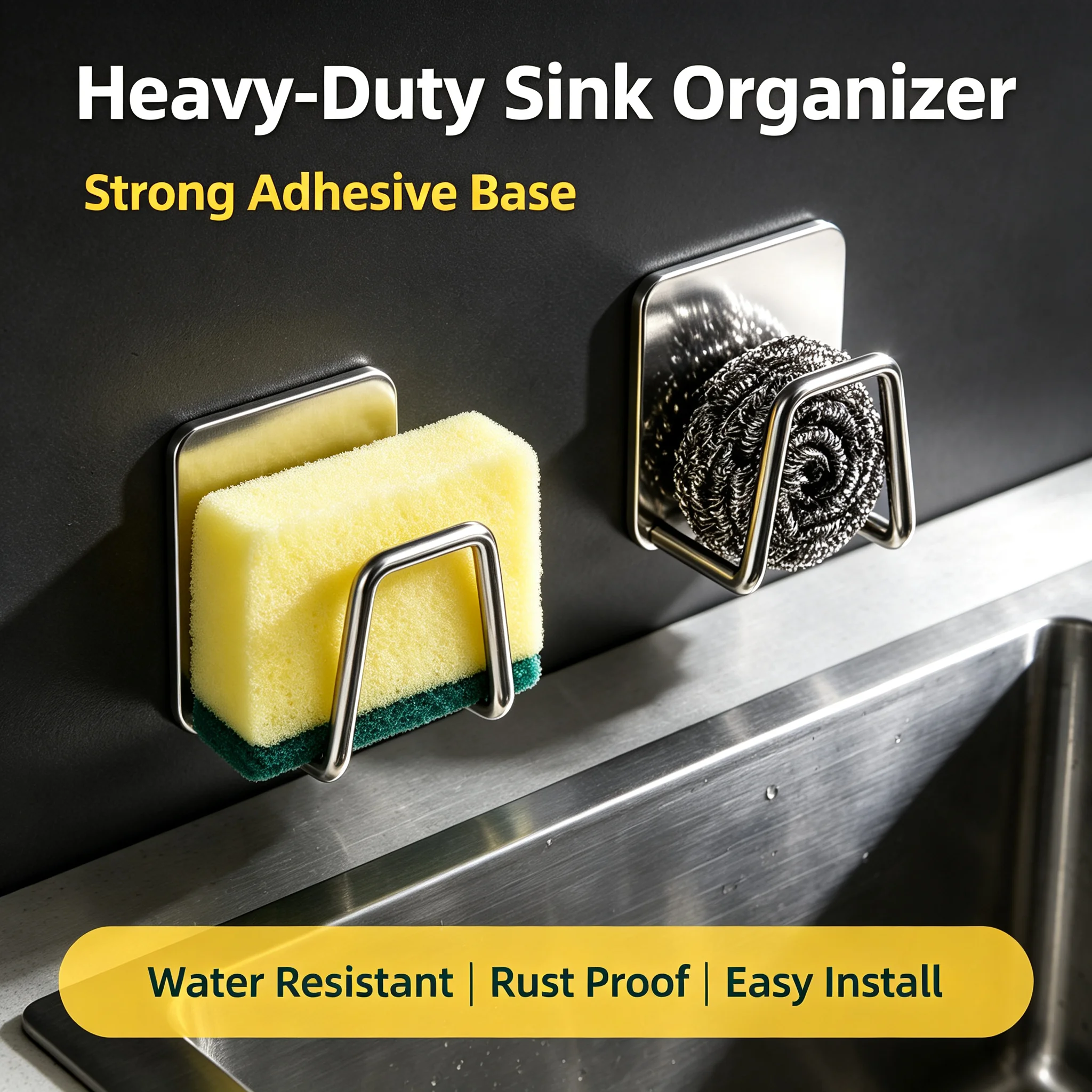 Kitchen Sink Storage Rack Self Adhesive Stainless Steel Sponge Holder Wall Hook Drain Drying Chopping Board Organizer