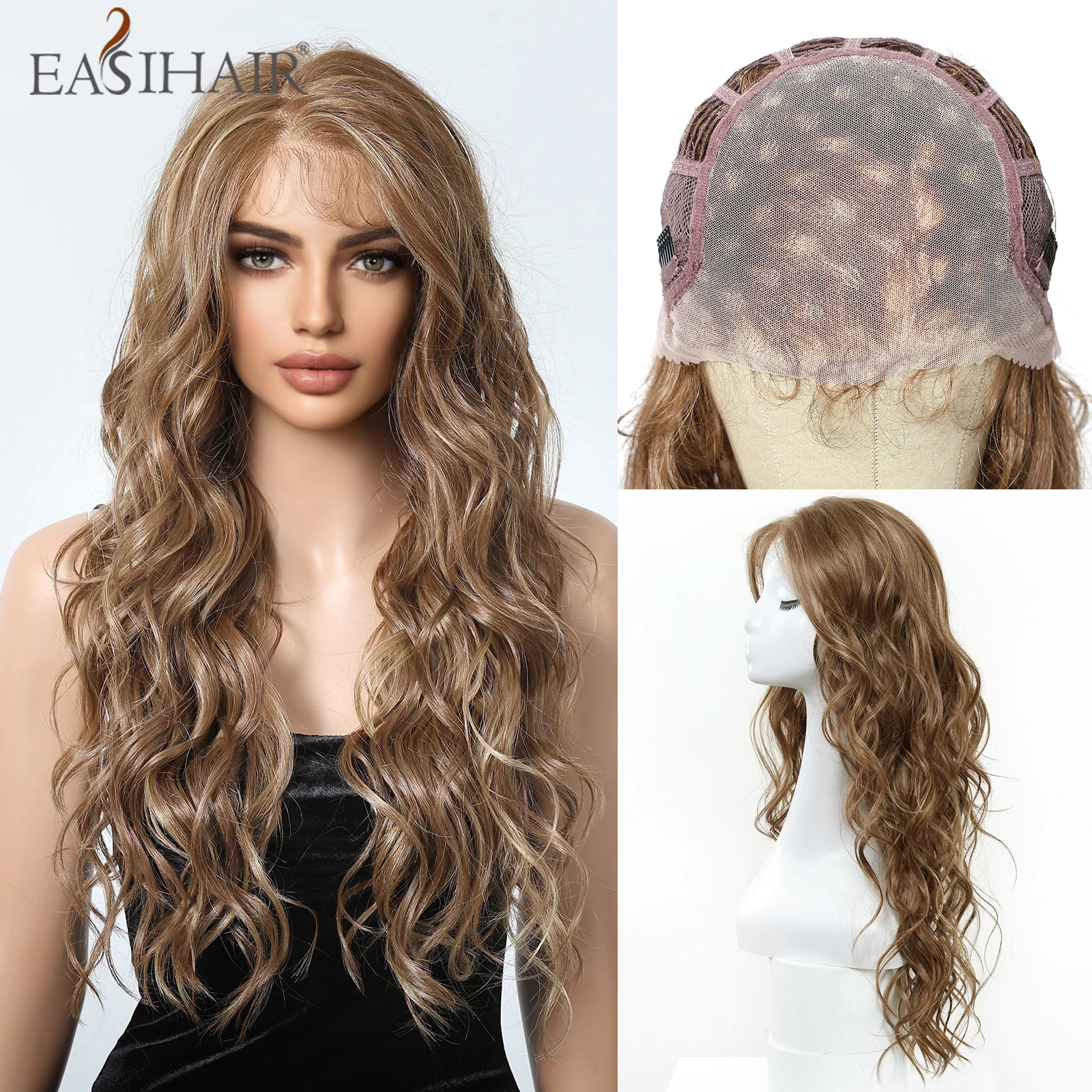 

EASIHAIR 13*6 Synthetic Lace Front Wigs Brown with Blonde Highlight Lace Wigs with Baby Hair for Afro Women Daily Heat Resistant