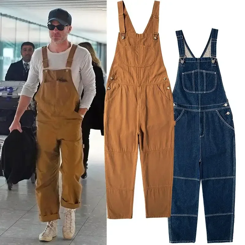 Denim Suspenders Men Trendy Summer Casual Loose Straight Jumpsuit Overalls Retro Age-reducing Casual Fashion Style