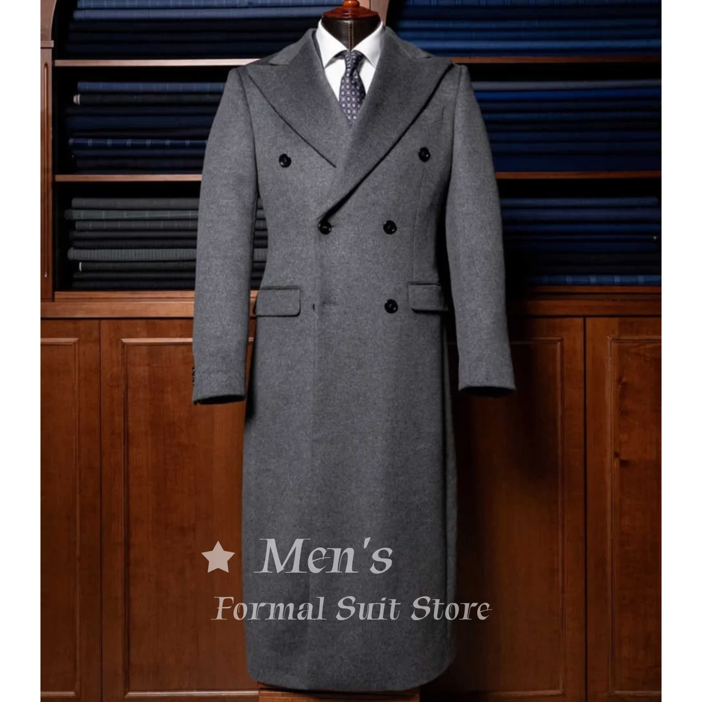

Men's Light Gray Double Breasted Long Wool Overcoat Peak Lapel Formal Business Winter Trench Coat Wedding Groom Customized