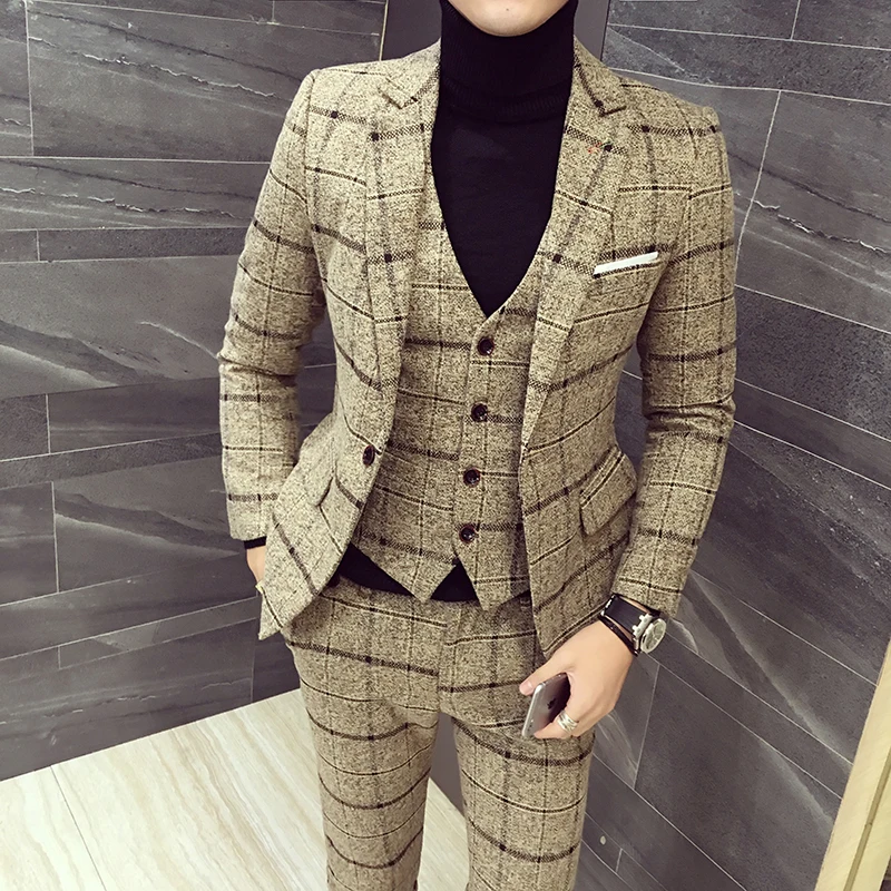 

Autumn Winter Thick Cotton and Linen Suit 3piece Classic Brand Men Business Striped Blazer Jacket + Pants + Vest