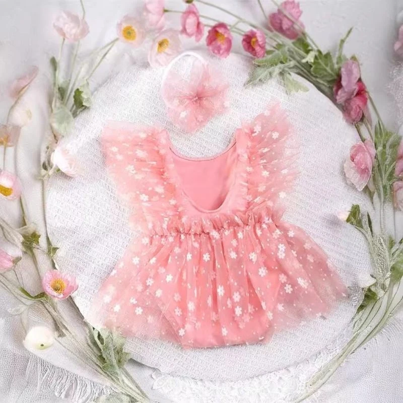 J15U Photography Costume Clothing Mesh Romper Bowknot Hairband Outfit Newborns Photography Props Infant Photo Clothes