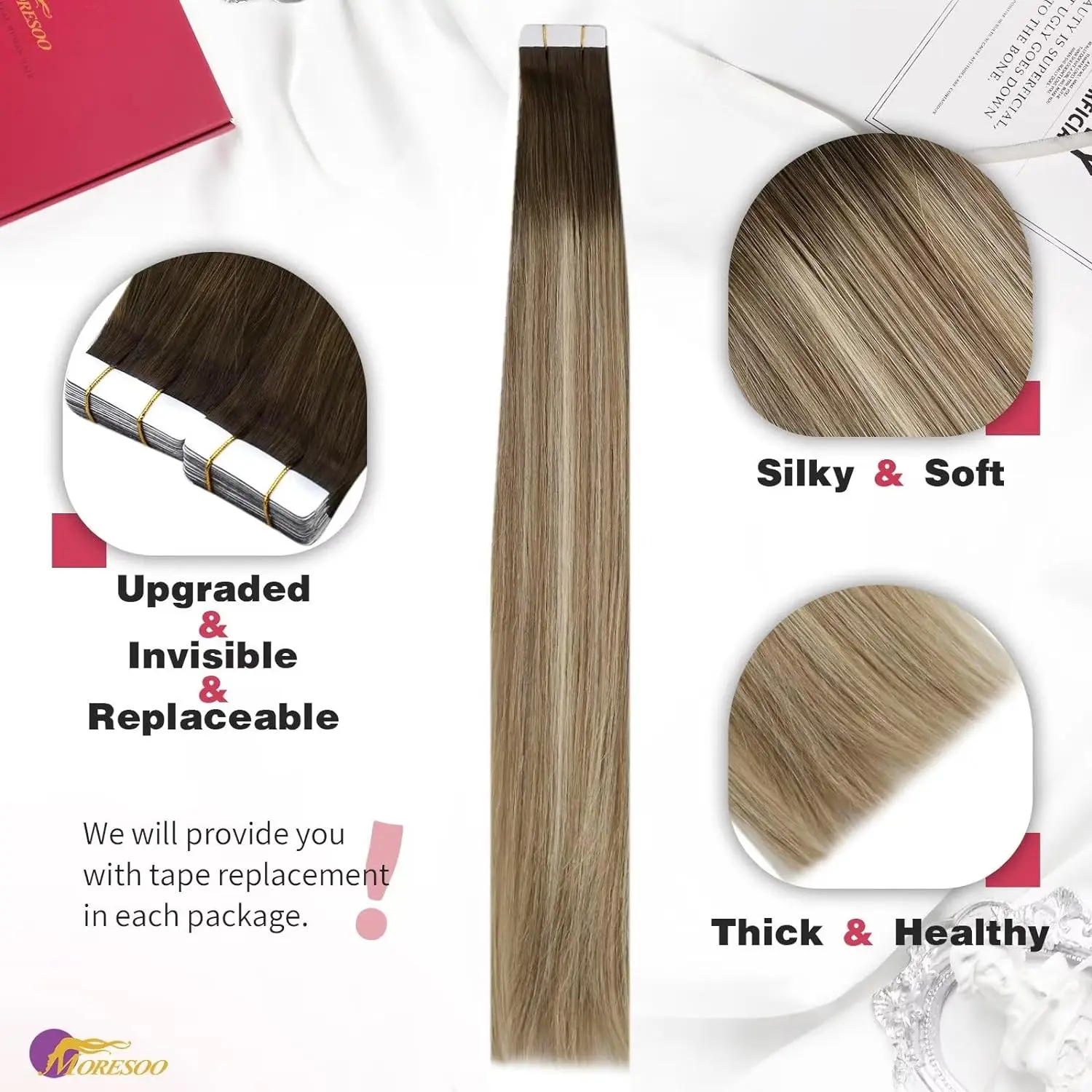 Moresoo Tape in Hair Extensions 25G/50G 100% Real Human Hair Salon Quality Invisible Hair Natural Remy PU Skin Weft Tape in Hair