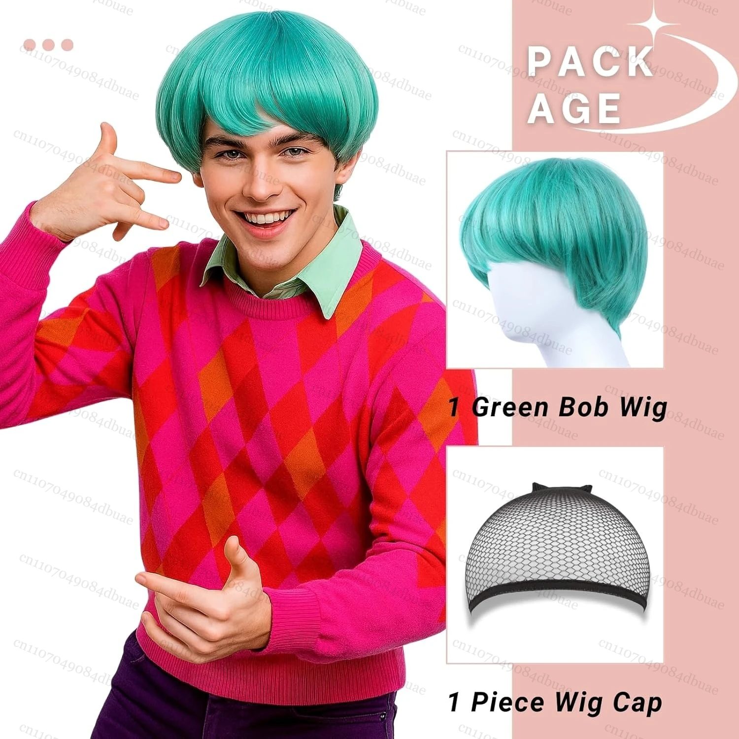 Perruque de cosplay courte coupe bol vert pour hommes avec frange complète - Perruques de cosplay anime pour fête costumée d'Halloween pour hommes (vert)