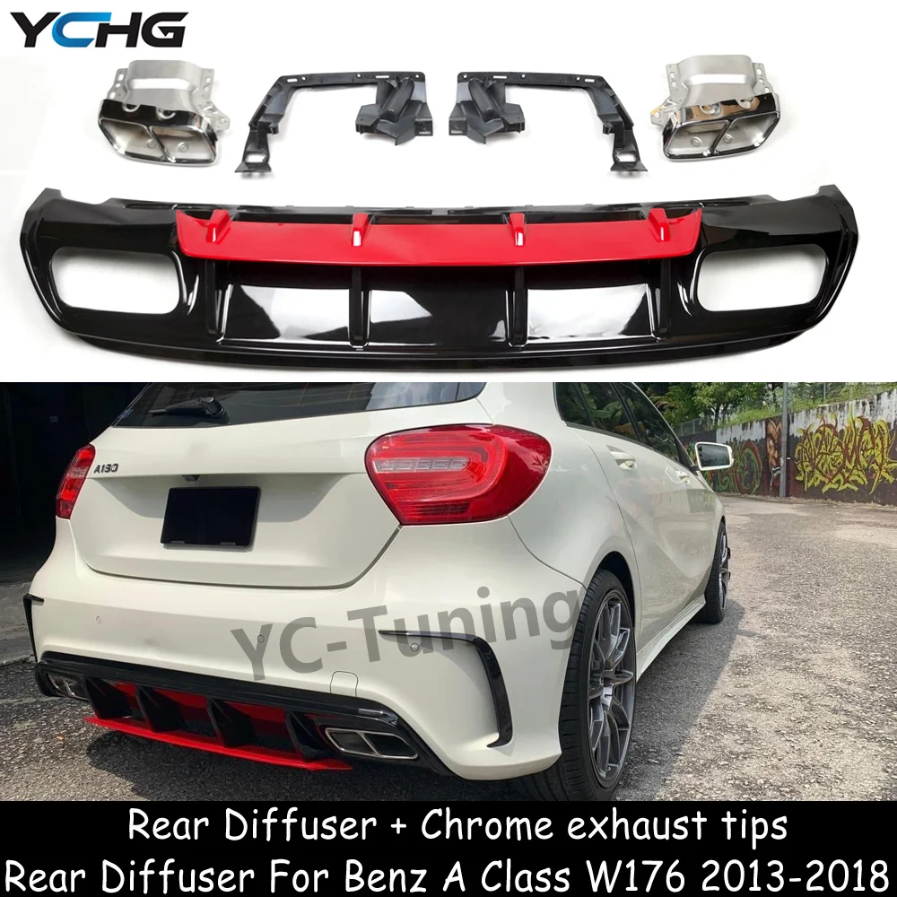 

W176 A45 Style Rear Bumper Diffuser & Exhaust Tips for Mercedes Benz A Class W176 A160 A180 A200 A250 AMG Sport Rear Diffuser