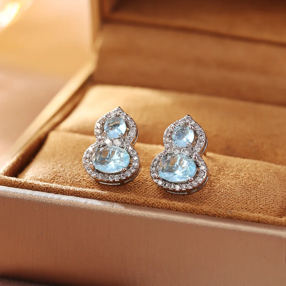 

Blue geometric zircon gourd earrings, light luxury, high-end, exquisite and versatile earrings, silver needles, elegant earrings