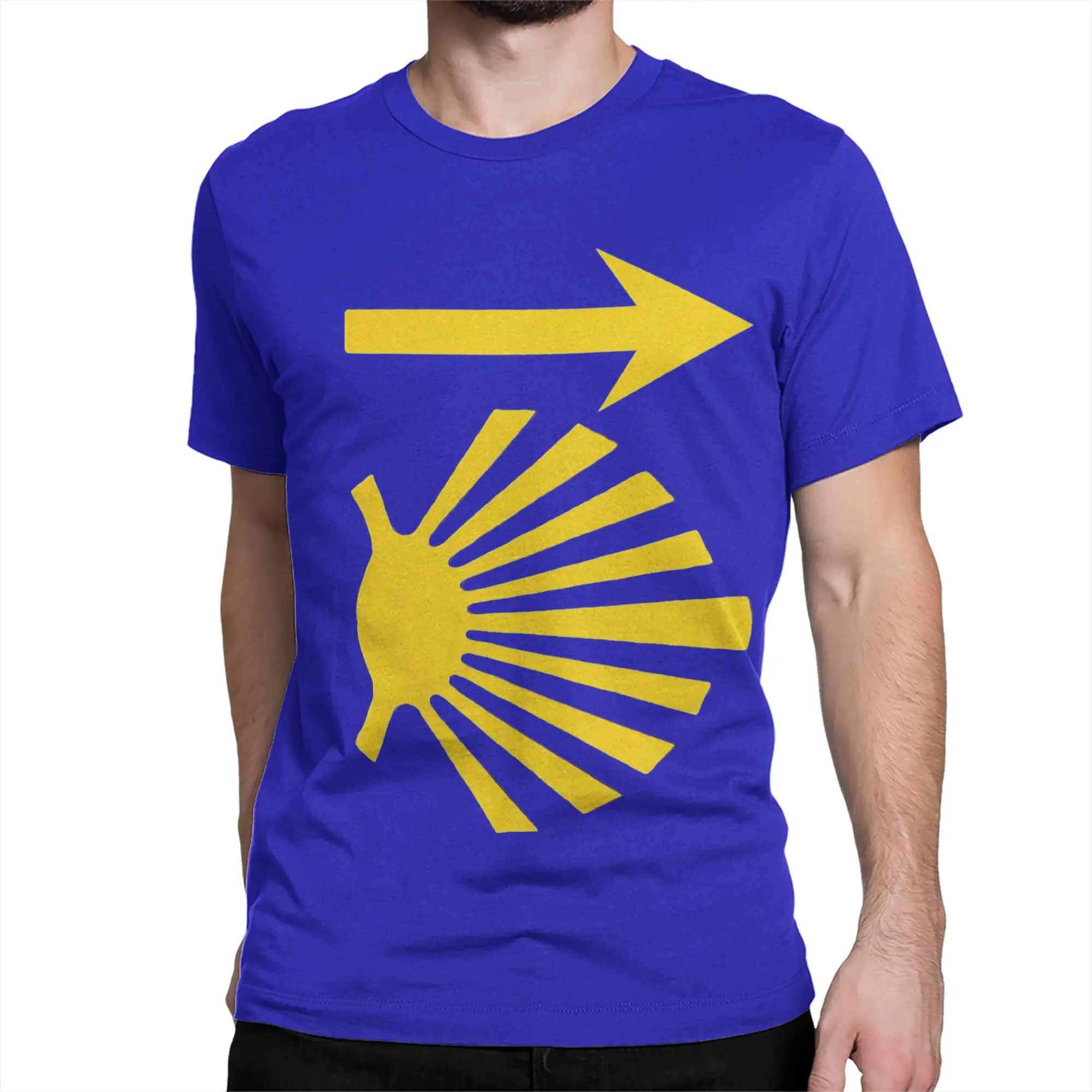 Camino De Santiago Shells and Arrow T-Shirts Men Large Yellow Scallop 100% Cotton Tee Shirt Crewneck T Shirts Printed Clothes