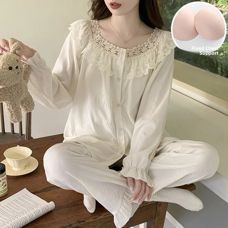 

Комплект домашней одежды из облачного хлопка для женщин: тонкий, с длинным рукавом, в стиле милой принцессы, удобный, дышащий, с круглым вырезом