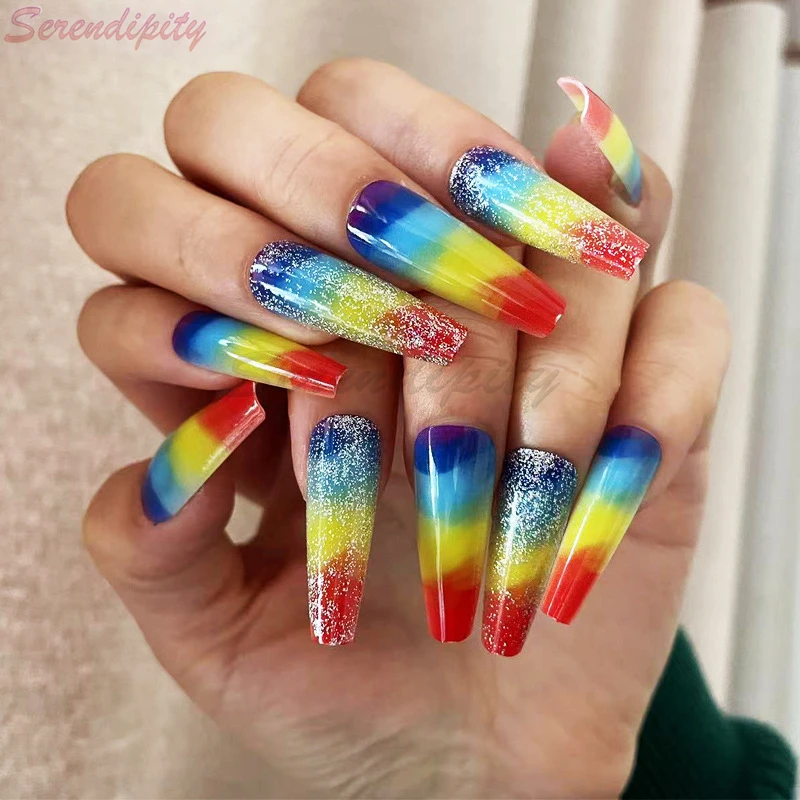 24 Stuks Lange Amandelvormige Nagels Pers Op Nagels Met Regenboog Glitter Afneembare Volledige Cover Cool Art Nagels Nep Nagels Tips Manicure