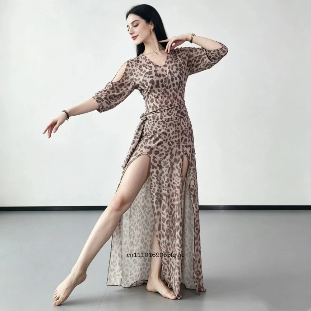 

Women Belly Dance Practice Costume Leopard Print Mesh Dress Baladi Robe Shaabi Robe Folk Dress Oriental Dance Performance Wear