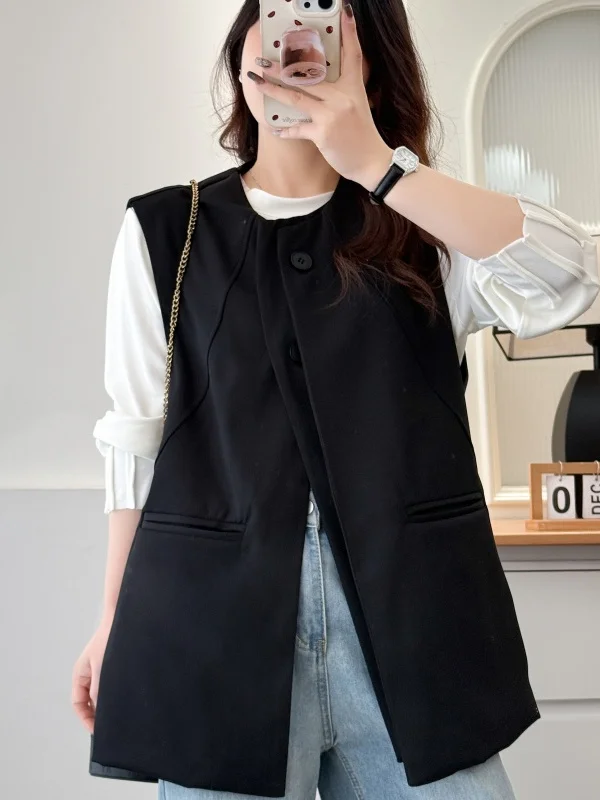 

Loose Fit Black Sleeveless round Neck Vest Women's plus Size Fashionable Business Style Polyester Fiber Jacket Outerwear