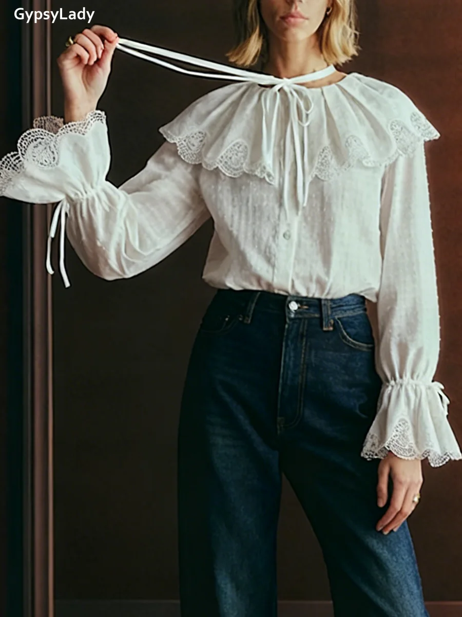 ヴィンテージフレンチスタイル白ブラウスシャツ女性花柄刺繍レースネクタイベルスリーブ綿ボタン付きカジュアルレディースシャツトップス