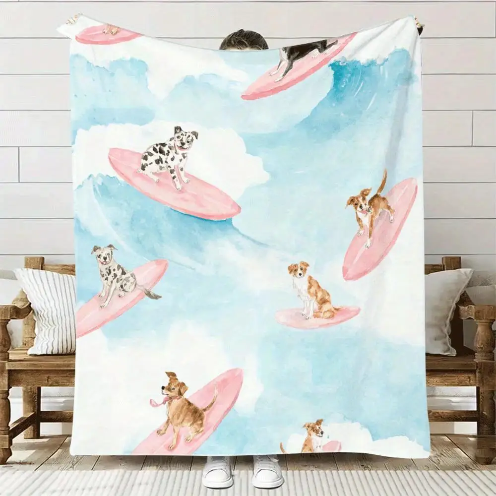 Cute Dogs Surfing on Pink Boards Blanket Watercolor Animal Pattern Throw for Kids and Adults Soft Fleece Material MultipleSizes