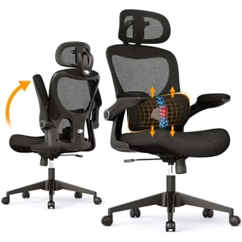 Ergonomic Office Chair, Comfy Mesh Desk Chair, High Back Computer Gaming Chairs with Adjustable Lumbar Support, Flip-Up Arms, He