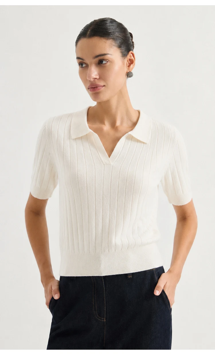 MZ62056 Damen-Pullover mit Polokragen, offenem V-Ausschnitt, kurzen Ärmeln, geripptem Strick, einfarbig, weiche Modal-Mischung, lässiges Oberteil für den frühen Herbst. – Detail 8