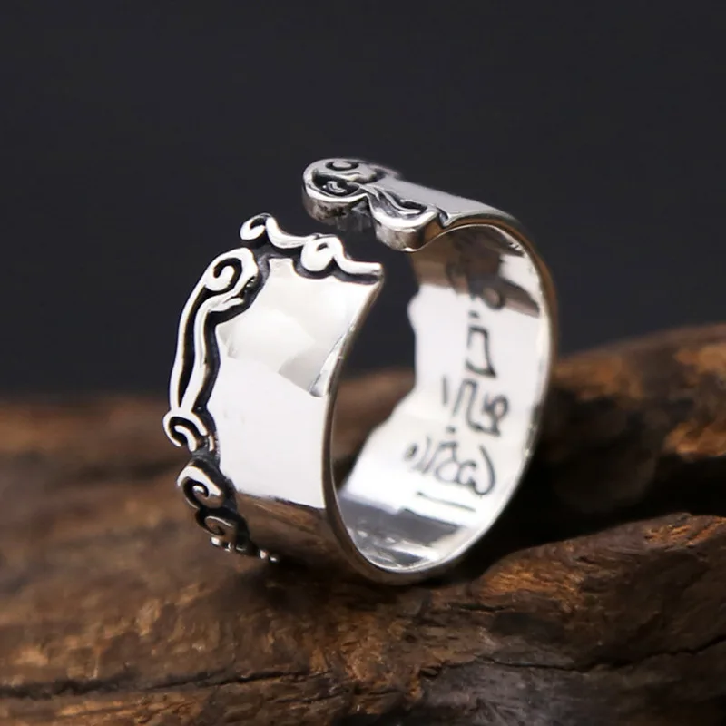 Silver colored ring, scripture carving, men's and women's tail rings, retro and simple jewelry