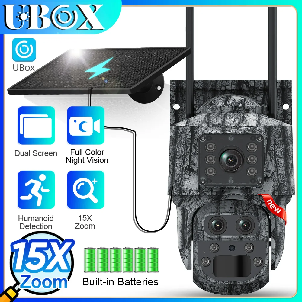 

Ubox 4G/WiFi Solar Camera 15X Zoom Dual Screen Wireless Outdoor Security Camera PIR Human Detection Auto Tracking Hunting CCTV