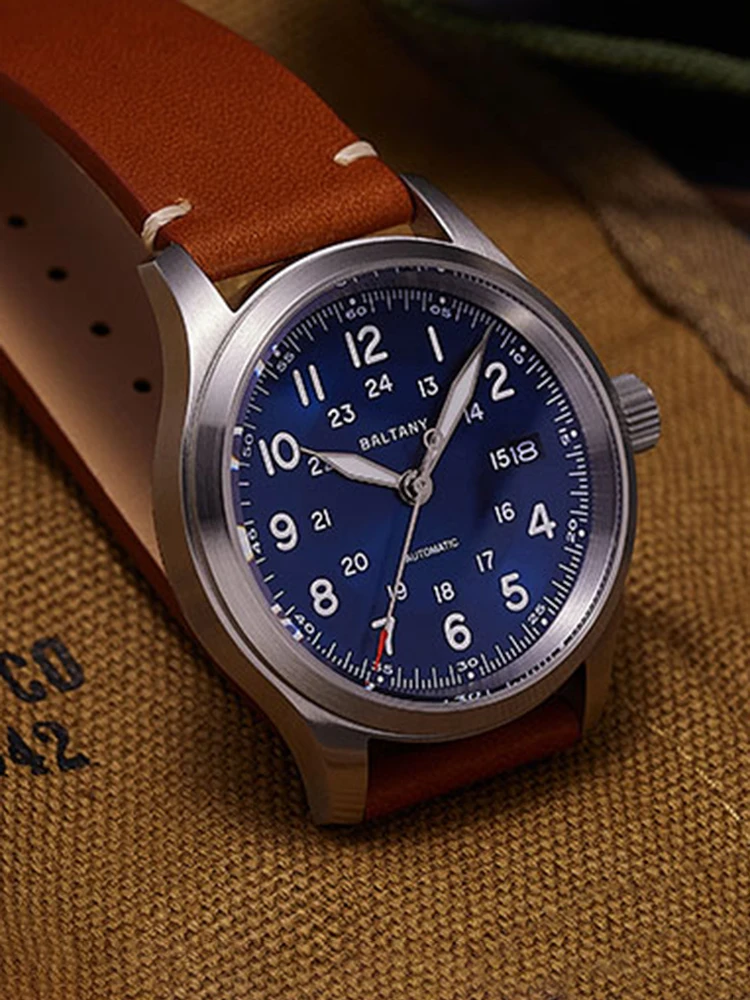 Baltany ساعة عسكرية خمر ساعة أوتوماتيكية الرجال 39 مللي متر ريترو NH35 ساعات المعصم الميكانيكية الرياضة الطيار مضيئة الساعات تحية