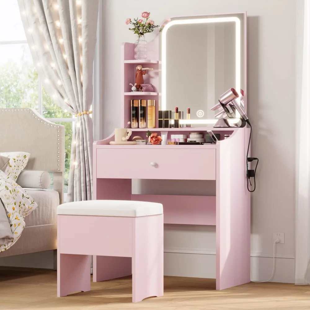 

Small Makeup Vanity Desk with Mirror and Lights, Vanity Table Set with Storage Drawer, Chair and Three Shelves, Bedroom,Dressers