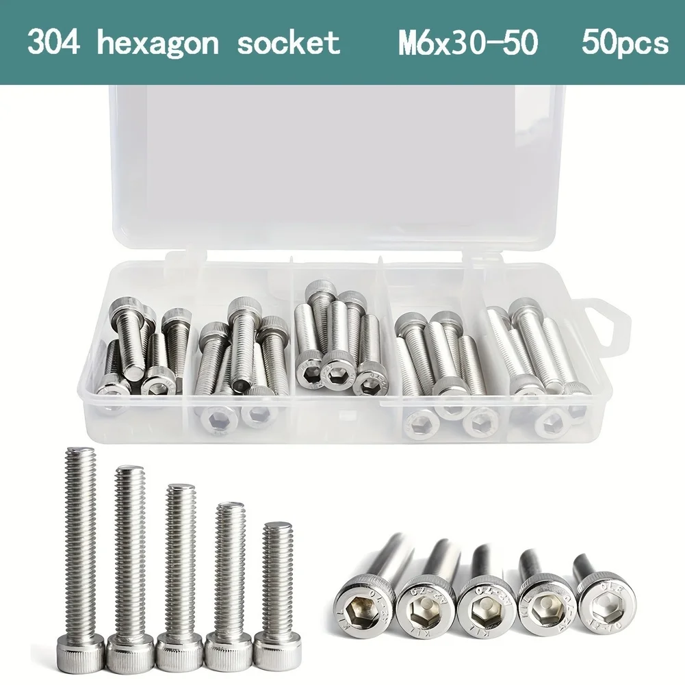 50pcs 304 Stainless Steel M6 Socket Head Cap Screws DIN912 Hex Bolts for Metalworking Woodworking and Equipment Assembly