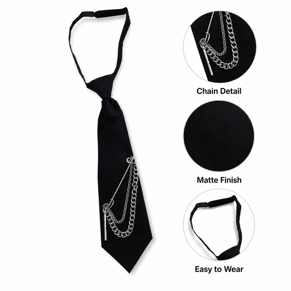 New Black Pre-Tied Necktie Alloy Chain Adjustable Neck Strap Uniform Neck Tie Safety Pin Detail Chain Necktie Women and Men
