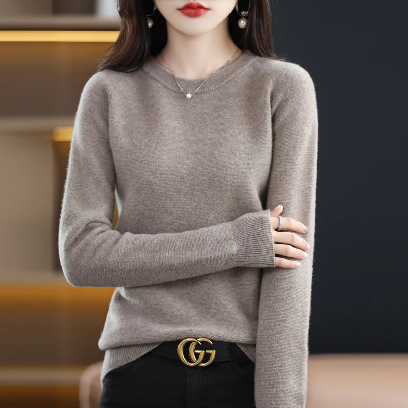 Autumn and winter 100% pure sweater ladies new round neck shoulder long sleeve fashion classic knitted pullover.
