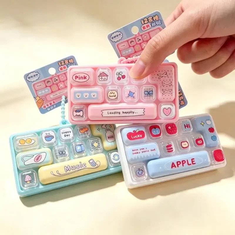 Cartoon 12 Keys Keyboard Keychain Clicker Sound Pressable Keys Fingertip Button Keyring Creative Relaxed Stress Relief Fidget
